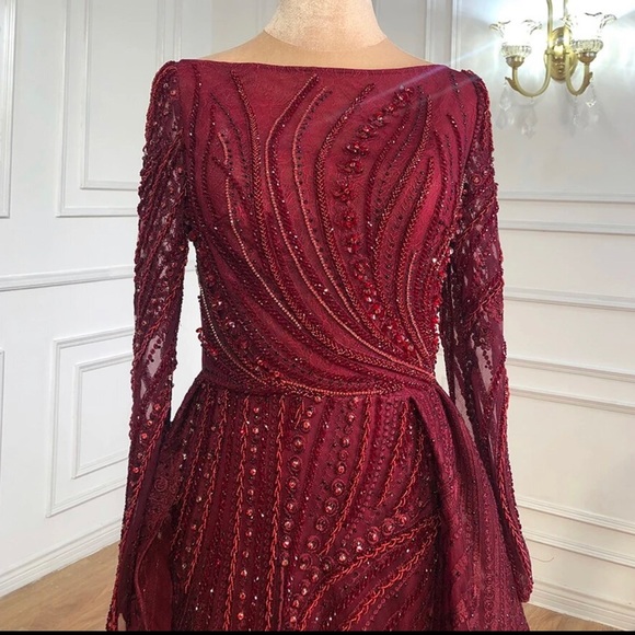 Modest Burgundy Gown with Overskirt - Picture 4 of 6